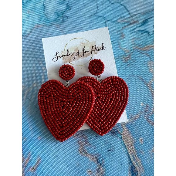 HEART Red Beaded Statement Earrings NEW - Picture 1 of 3